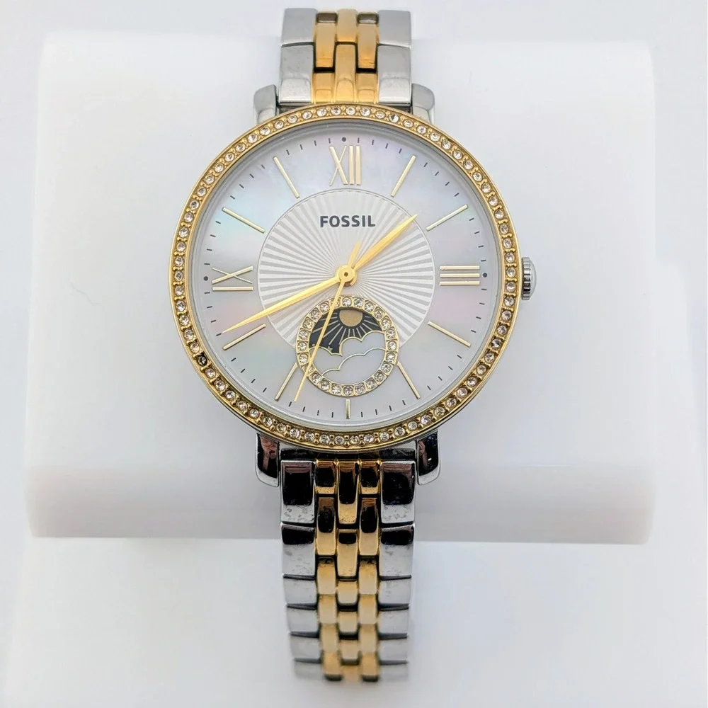 Fossil Jacqueline ES5166 Women's Watch Sun Moon MOP Dial Crystal Bezel Two-Tone